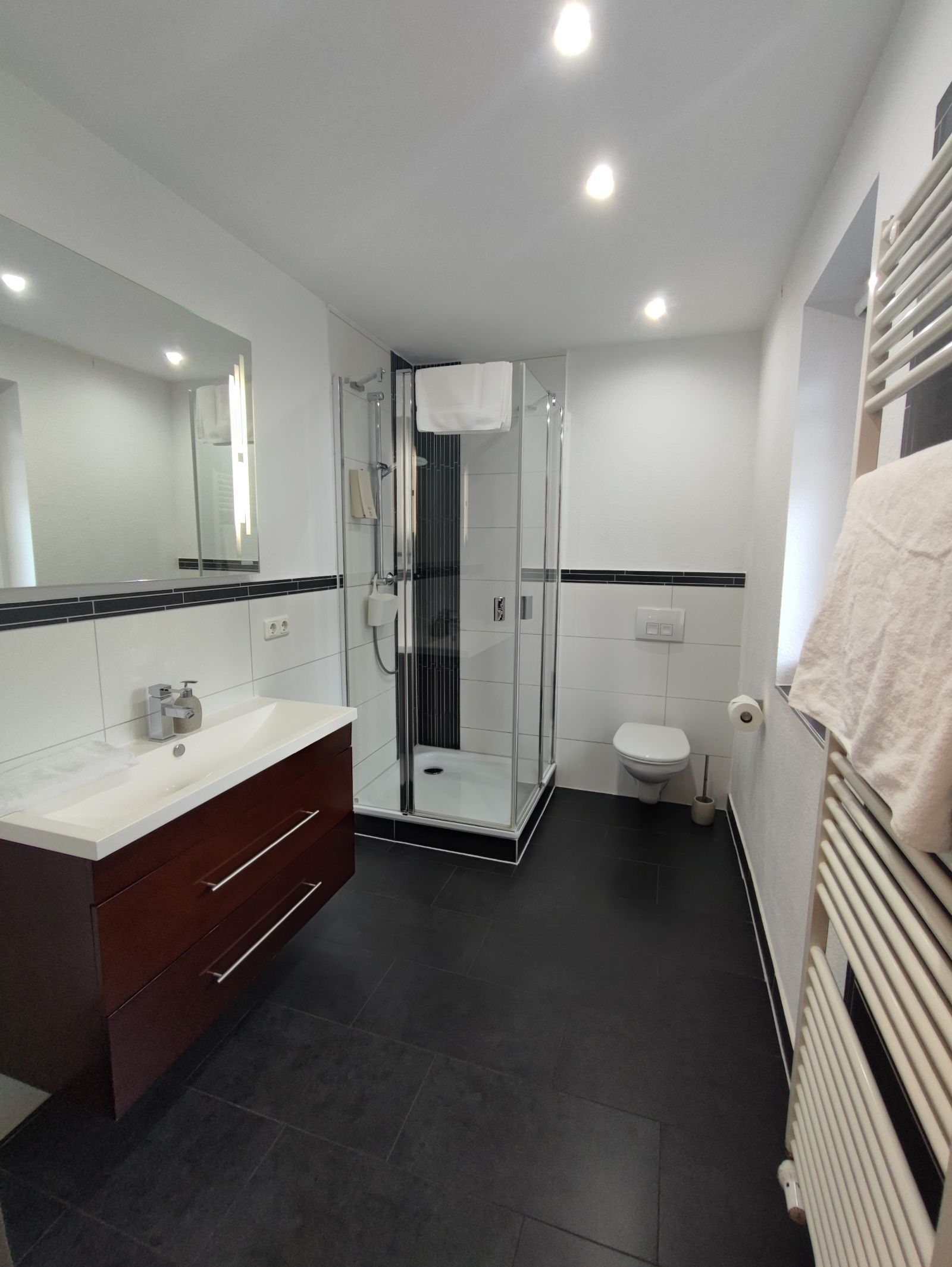 Un baño moderno con ducha envuelta en vidrio, inodoro blanco y tocador con espejo.