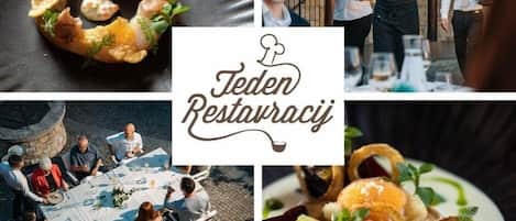 A restaurant setting with a focus on food presentation, including a dish with a golden-brown crust and a green garnish, a group of people dining outdoors, and a sign that reads "Teden Restauracja."