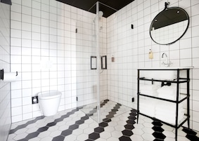 Shower, rainfall showerhead, eco-friendly toiletries, hair dryer