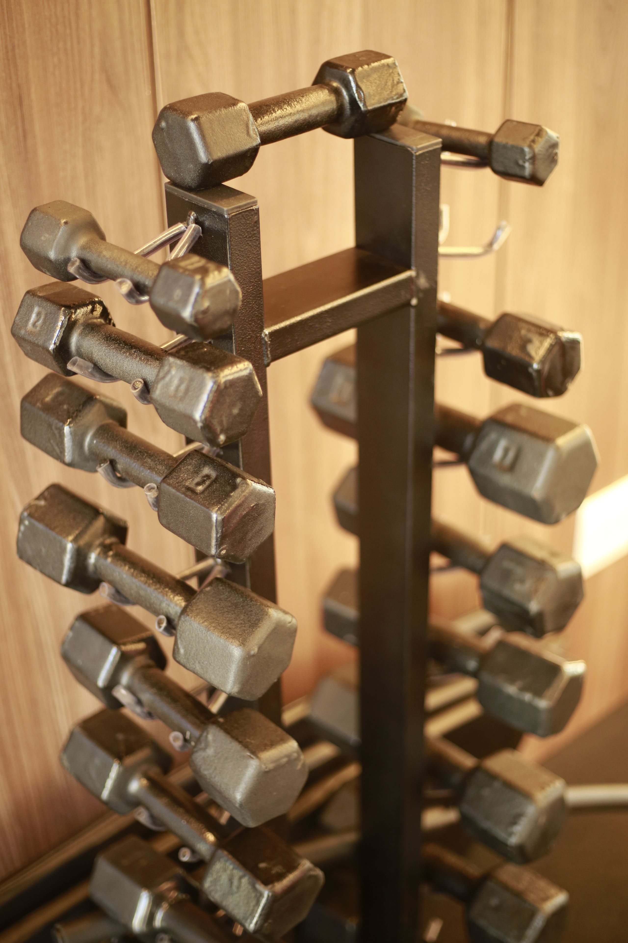 A rack of dumbbells with adjustable weights.