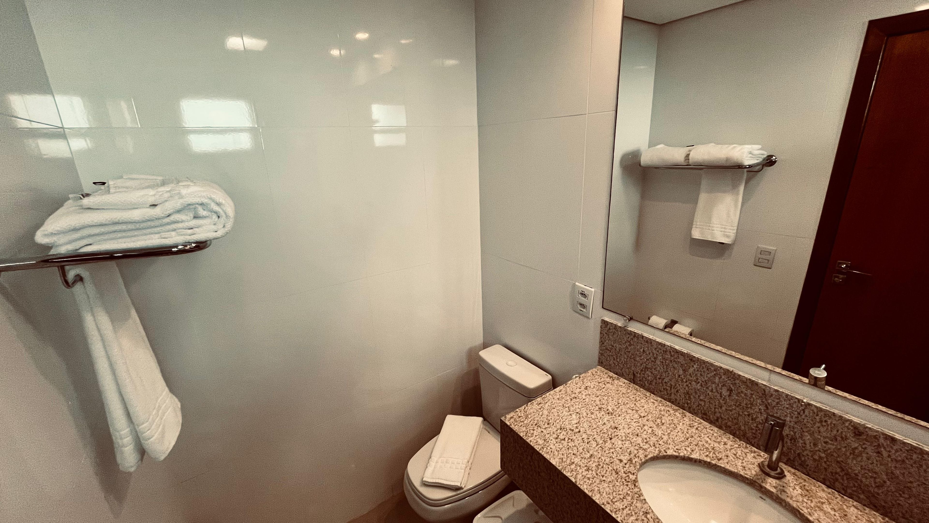 A modern bathroom with a glass shower enclosure, a toilet, a sink with a granite countertop, and a mirror.