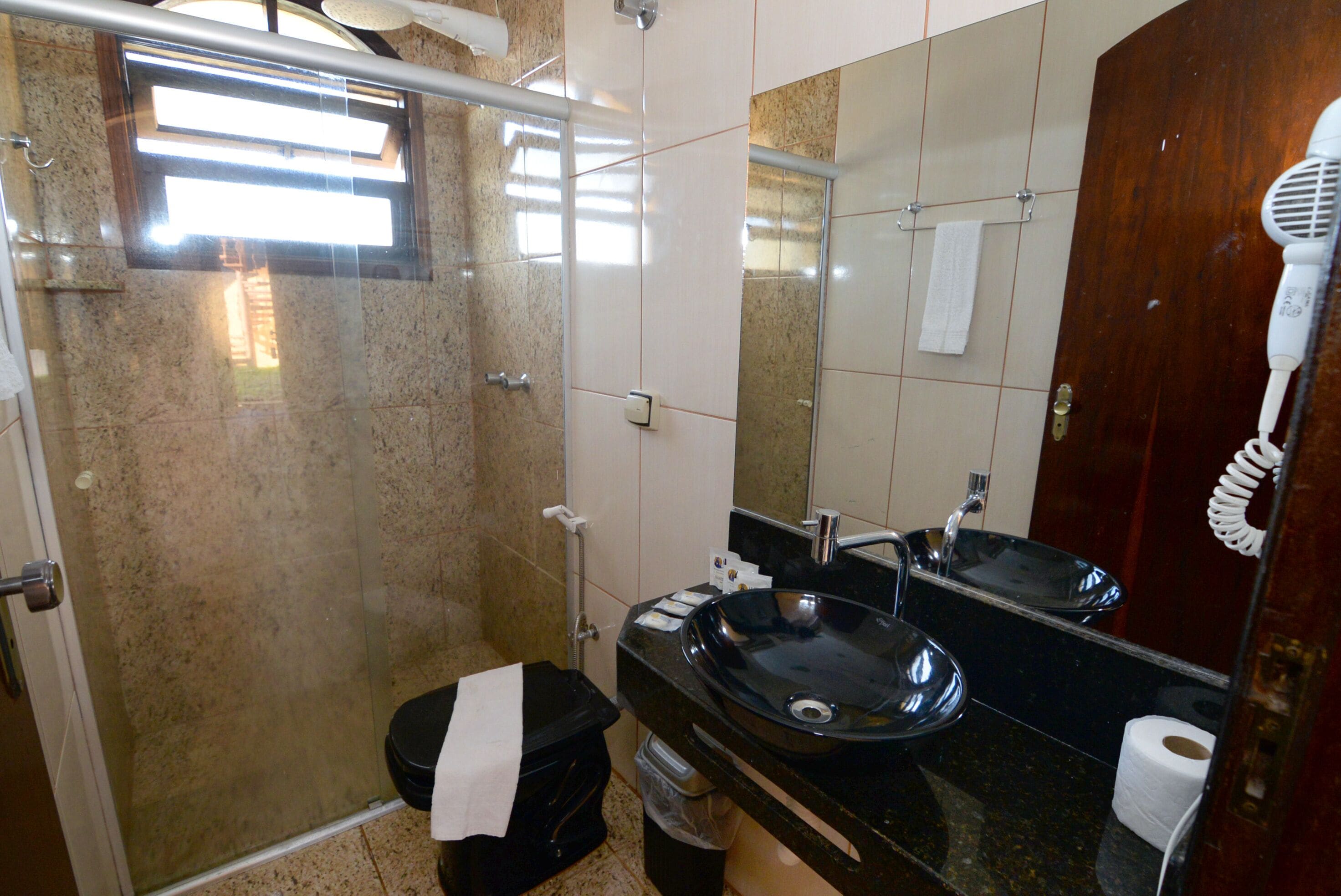 A bathroom with a glass-enclosed shower, a black sink, and a mirror.