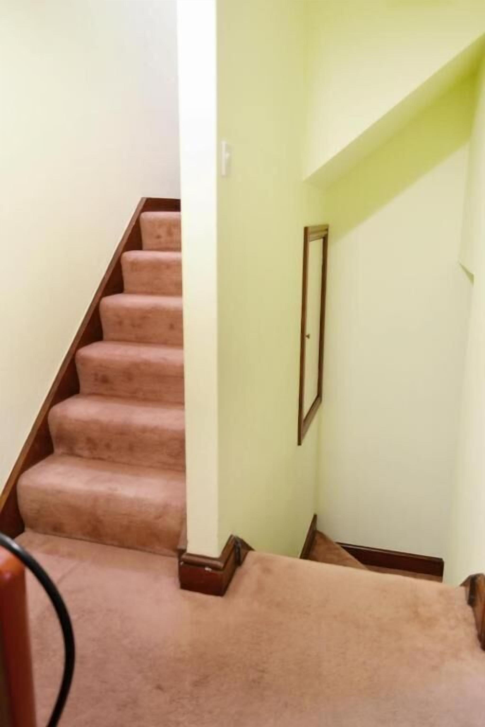 A staircase with carpeted steps and a wooden handrail.