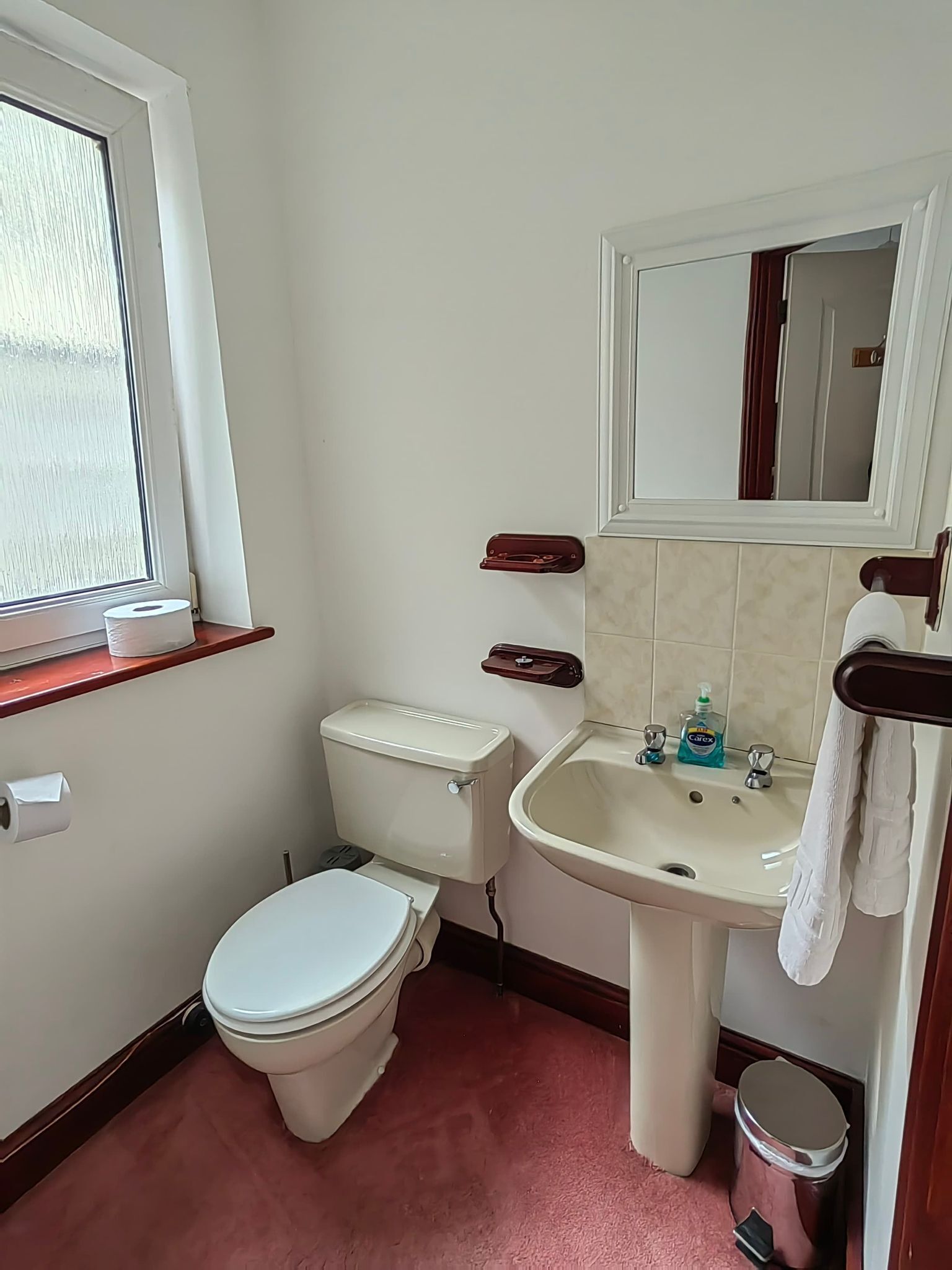 Een kleine badkamer met toilet, wastafel en spiegel.
