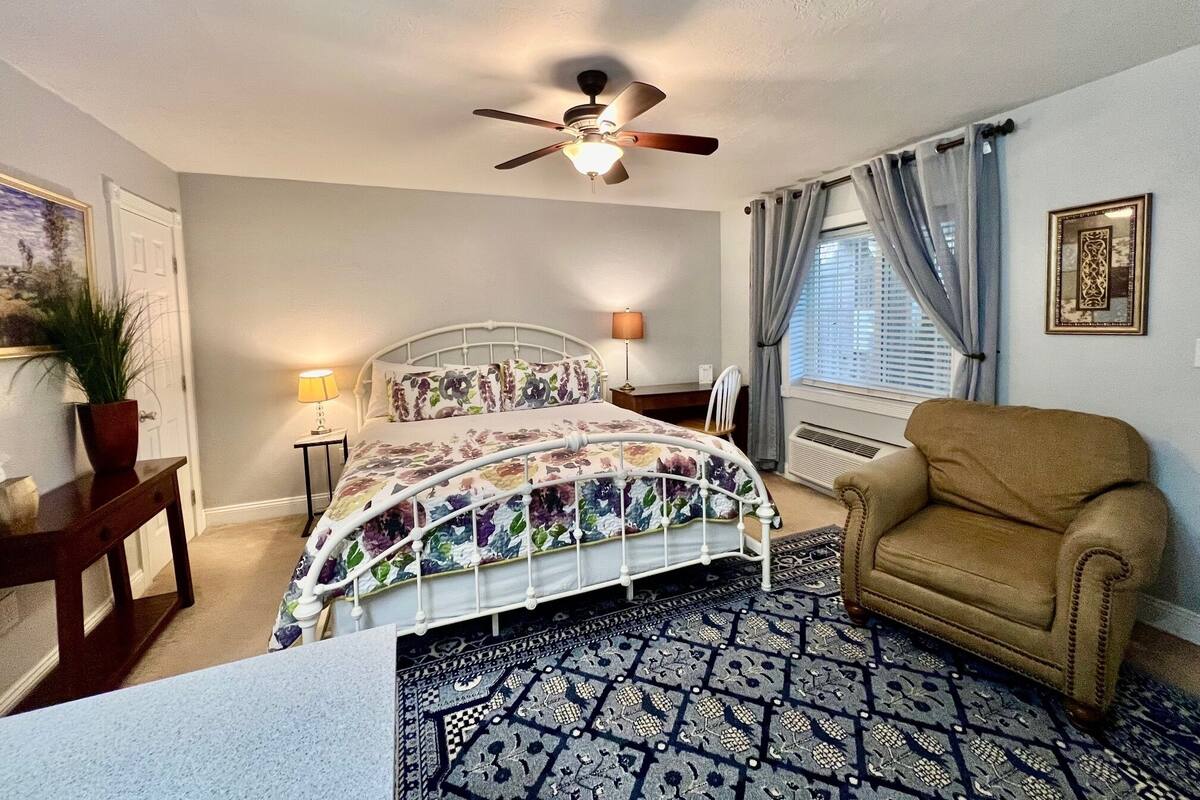 A bedroom with a bed, a chair, a desk, a ceiling fan, a window with curtains, and a radiator.