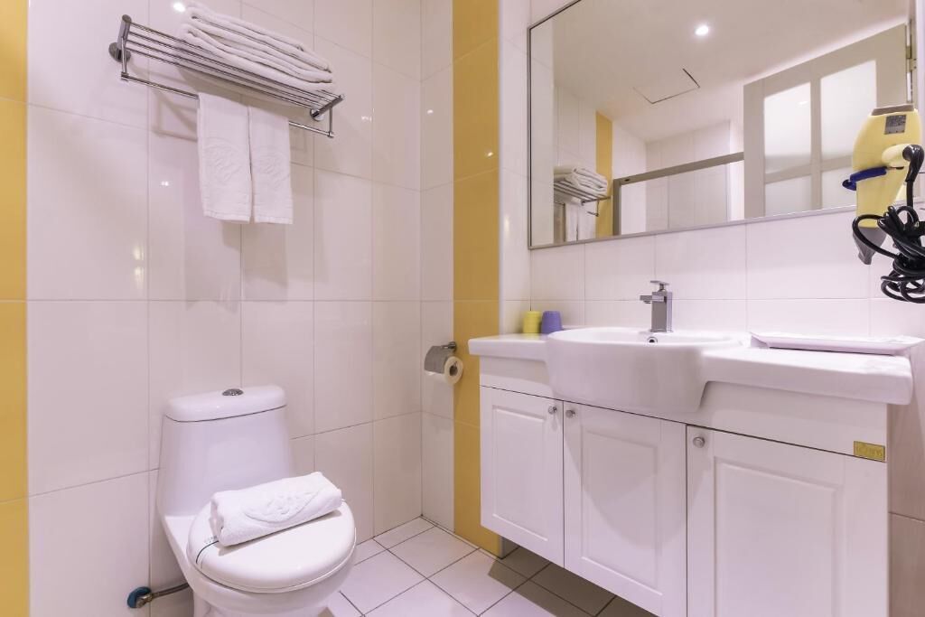 free toiletries, hair dryer, slippers, towels