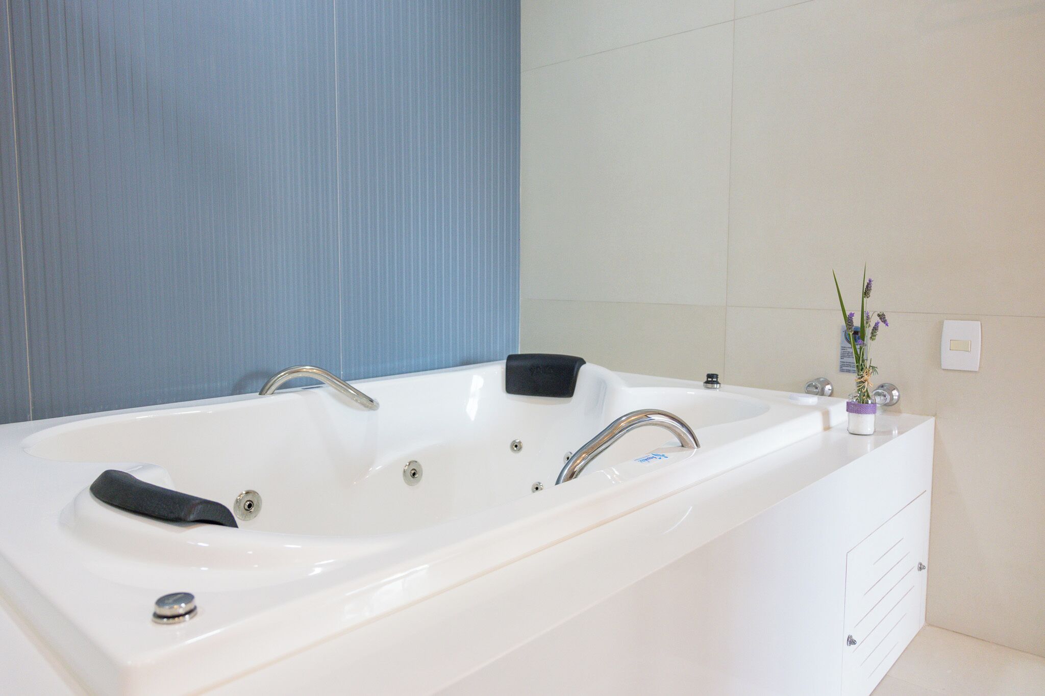 A modern bathroom with a large white bathtub, a black bath mat, and a small potted plant on the vanity.