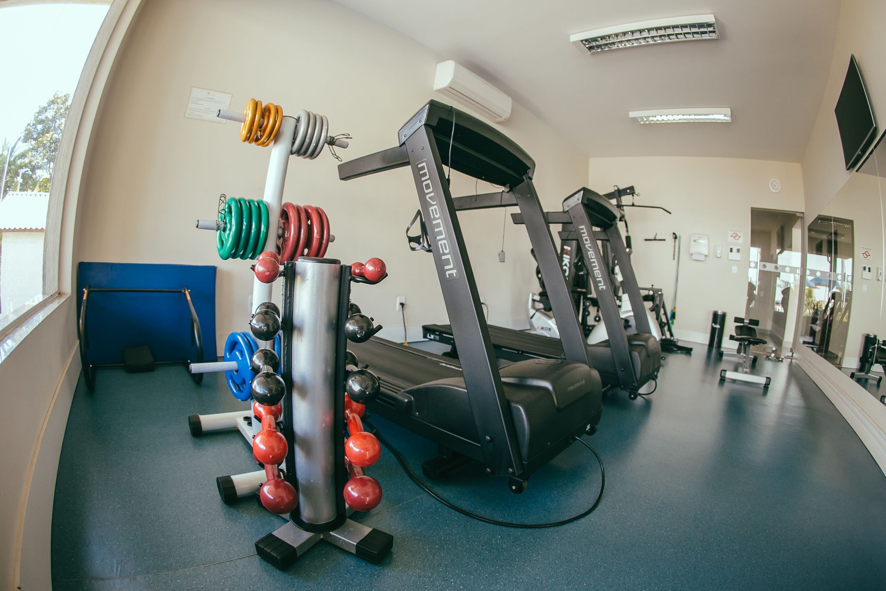 Un gimnasio con cintas de correr, máquinas de pesas y una variedad de pesas sueltas.