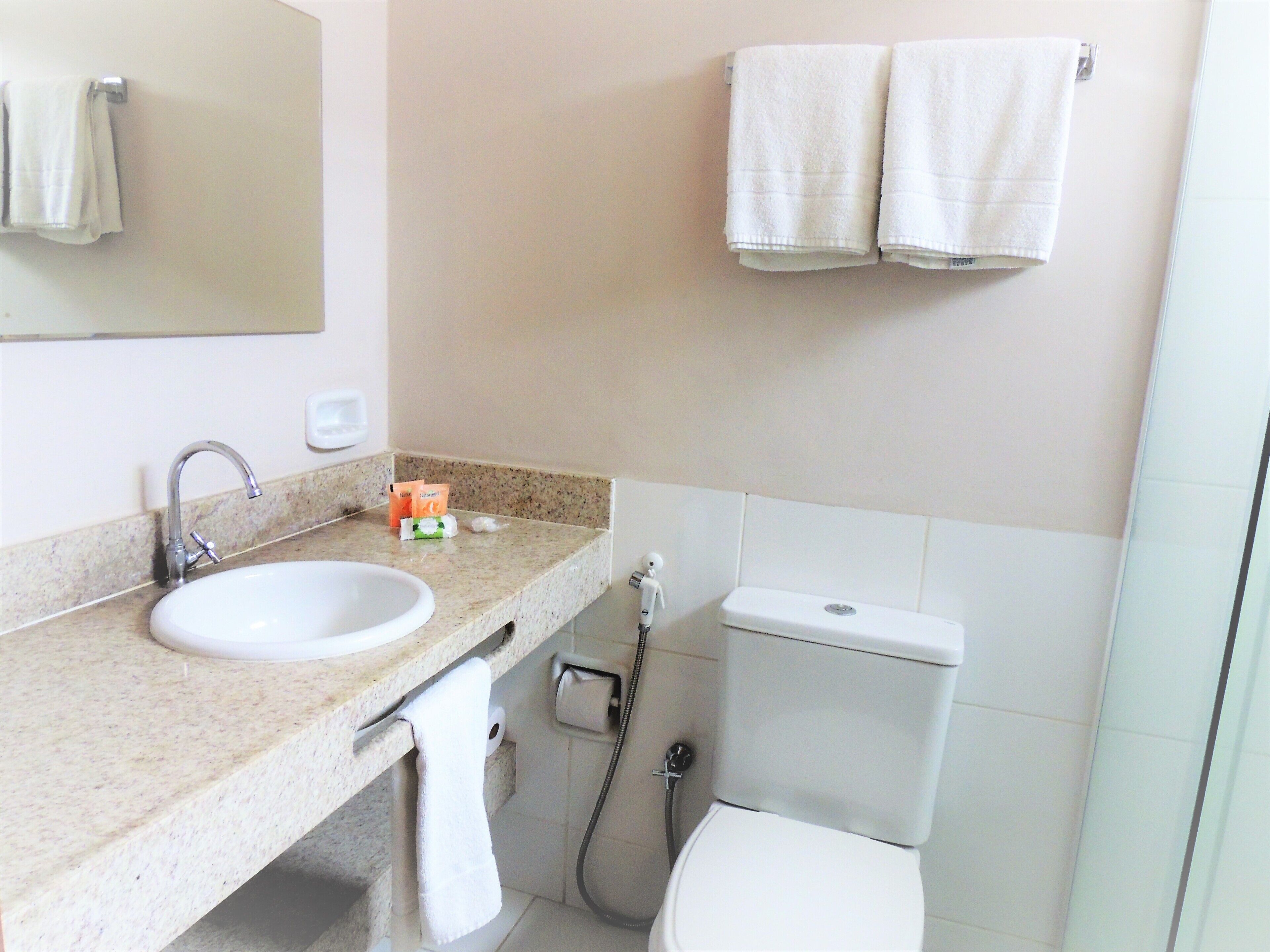 Une salle de bain avec un lavabo, des toilettes et une douche. Des serviettes sont accrochées au mur et un distributeur de savon est posé sur le comptoir.