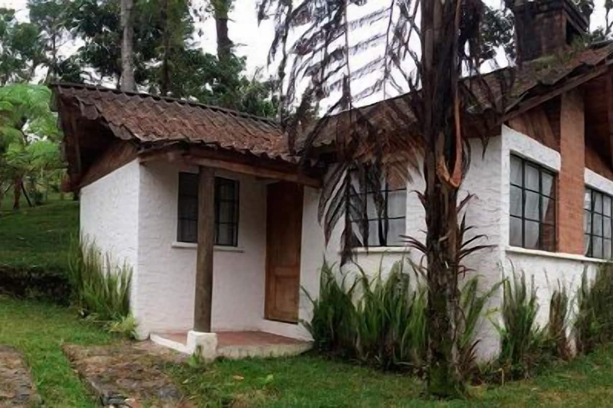 Una casa pequeña de una sola planta con fachada blanca, una puerta marrón y techo de tejas.
