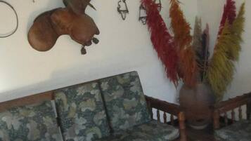 Una habitación con un sofá estampado, una mesa de centro de madera y adornos en la pared, incluyendo sombreros y arreglos de plumas.