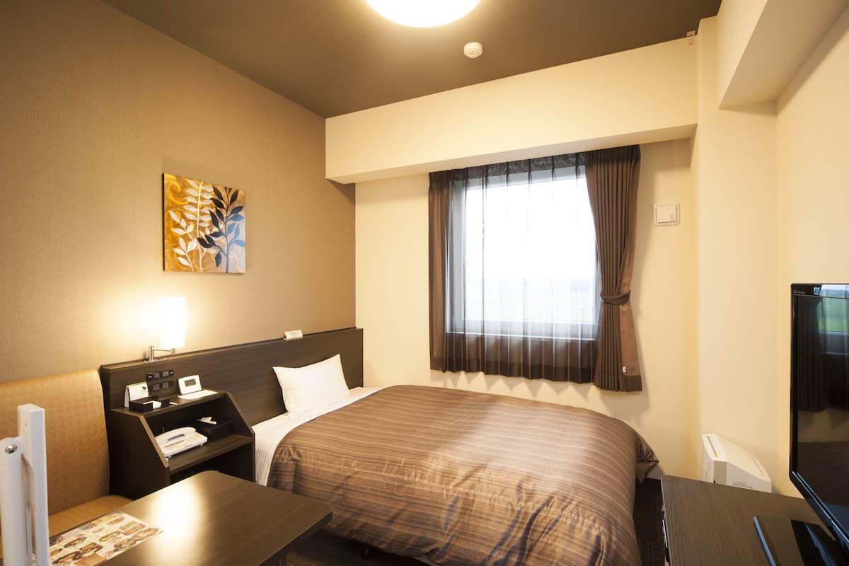 Habitación de hotel con cama, escritorio, silla, televisión, ventana con cortinas, un cuadro en la pared y mesita de noche con teléfono y lámpara.