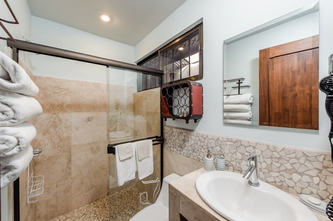 travel suite | bathroom | shower, hydromassage showerhead, hair dryer, towels
