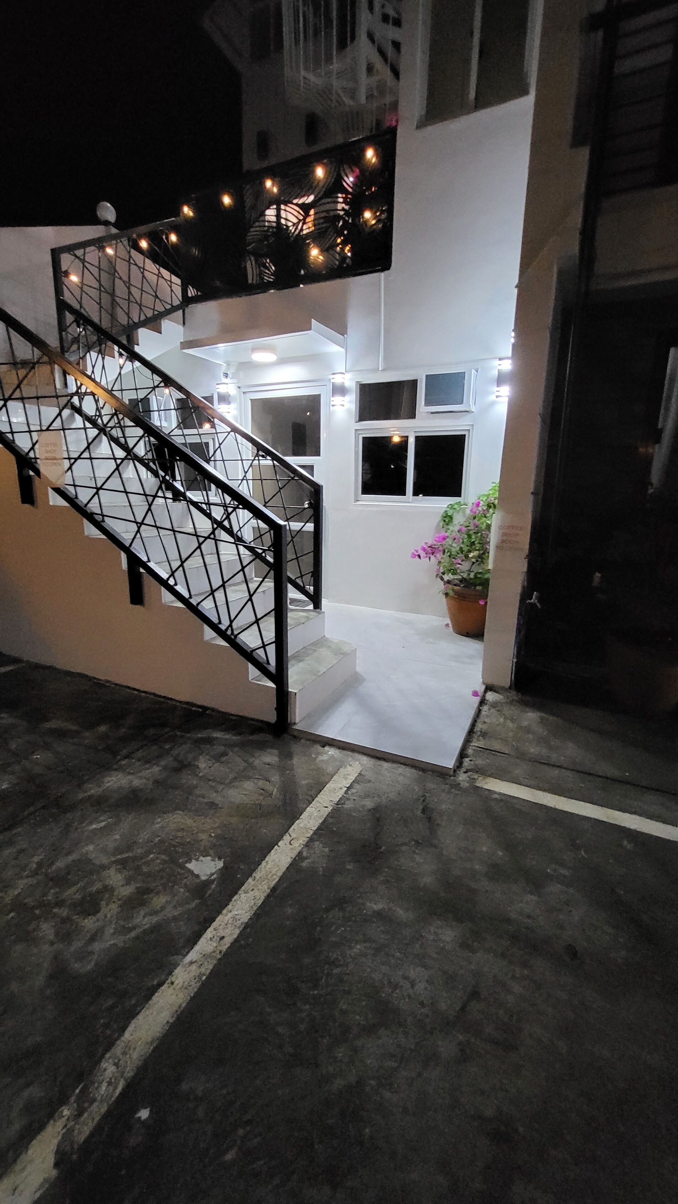 A staircase leading to a brightly lit interior space with a potted plant and a white door.