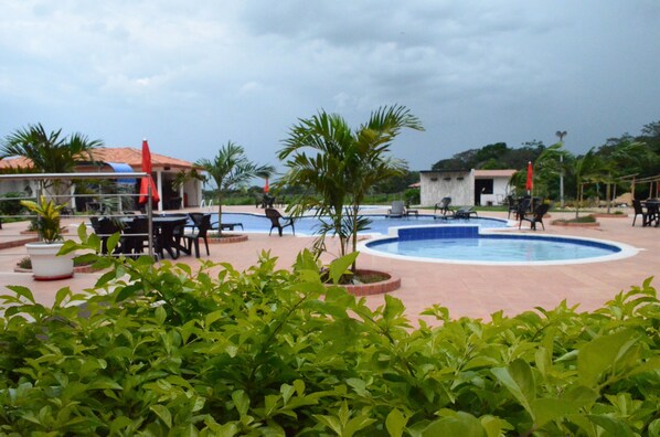 Outdoor pool, pool umbrellas