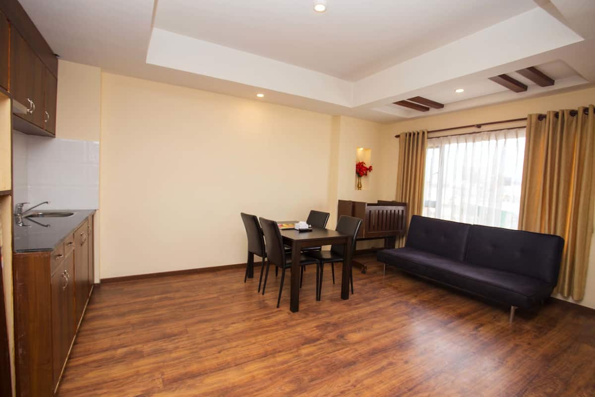 deluxe apartment, 1 bedroom, kitchenette, city view | private kitchen | fridge, electric kettle