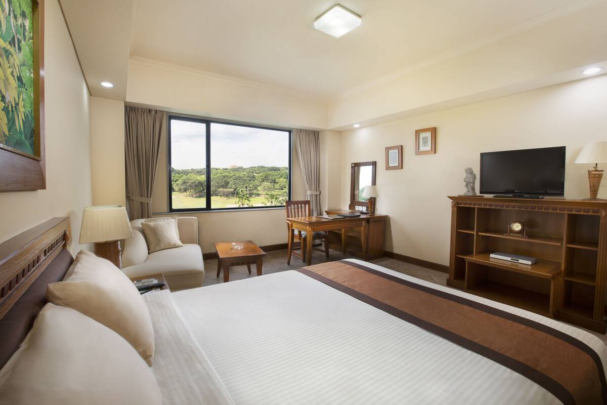 Une chambre d’hôtel avec un grand lit, un bureau, une télévision et une vue sur l’extérieur.