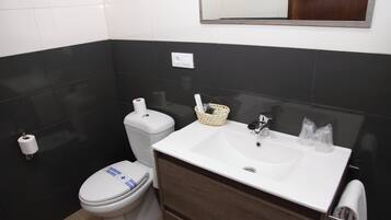 A bathroom with a white toilet, a white sink, and a mirror above the sink.