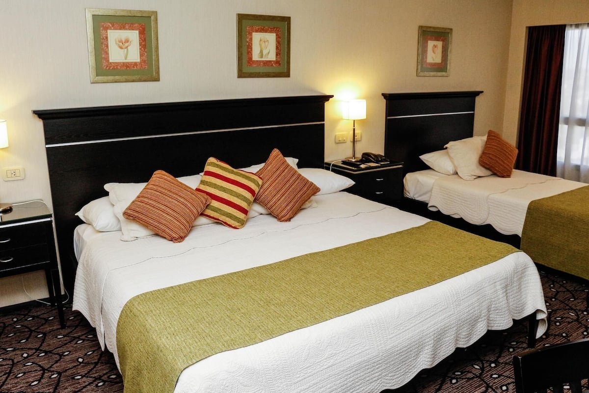 Une chambre d’hôtel avec deux lits : un grand lit recouvert d’une couverture verte et agrémenté d’oreillers à rayures, et un lit plus petit avec une literie blanche. Les murs sont ornés de tableaux encadrés, il y a une table de chevet avec une lampe, et un tapis à motifs.