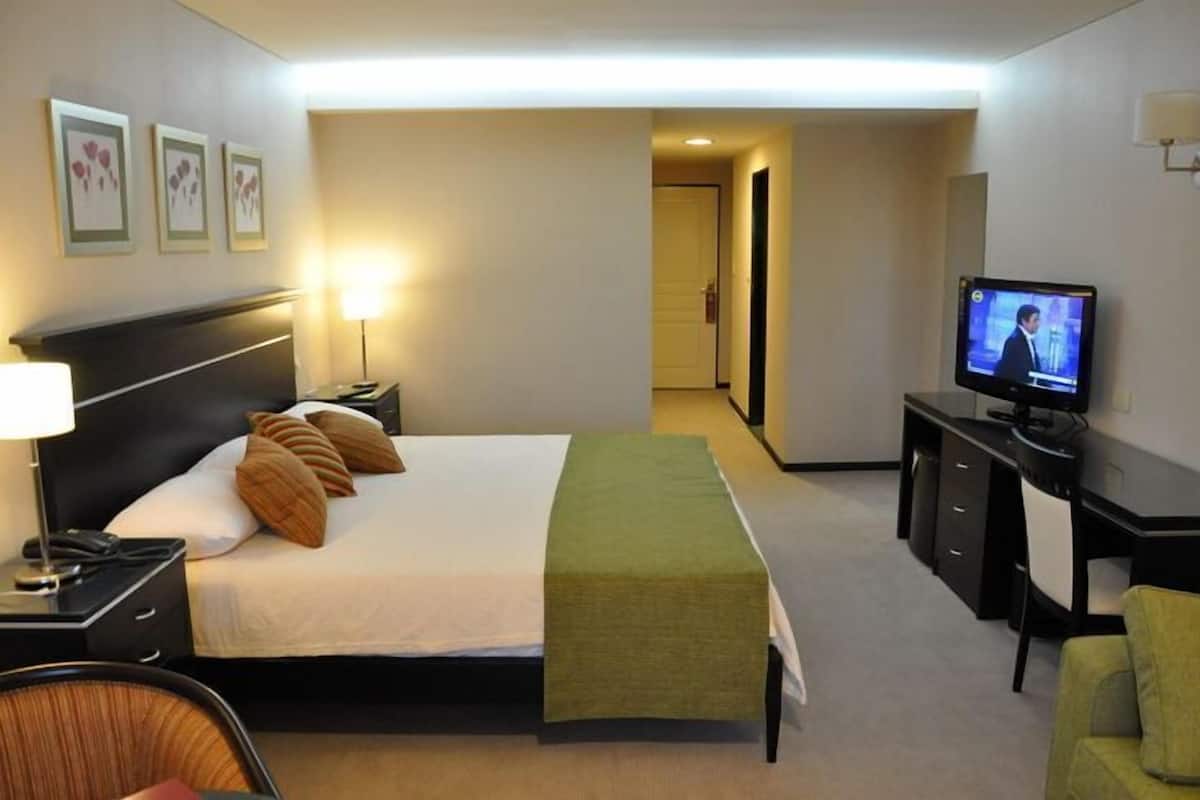 Une chambre d’hôtel comprenant un lit, des tables de chevet, une télévision, un bureau et une chaise.