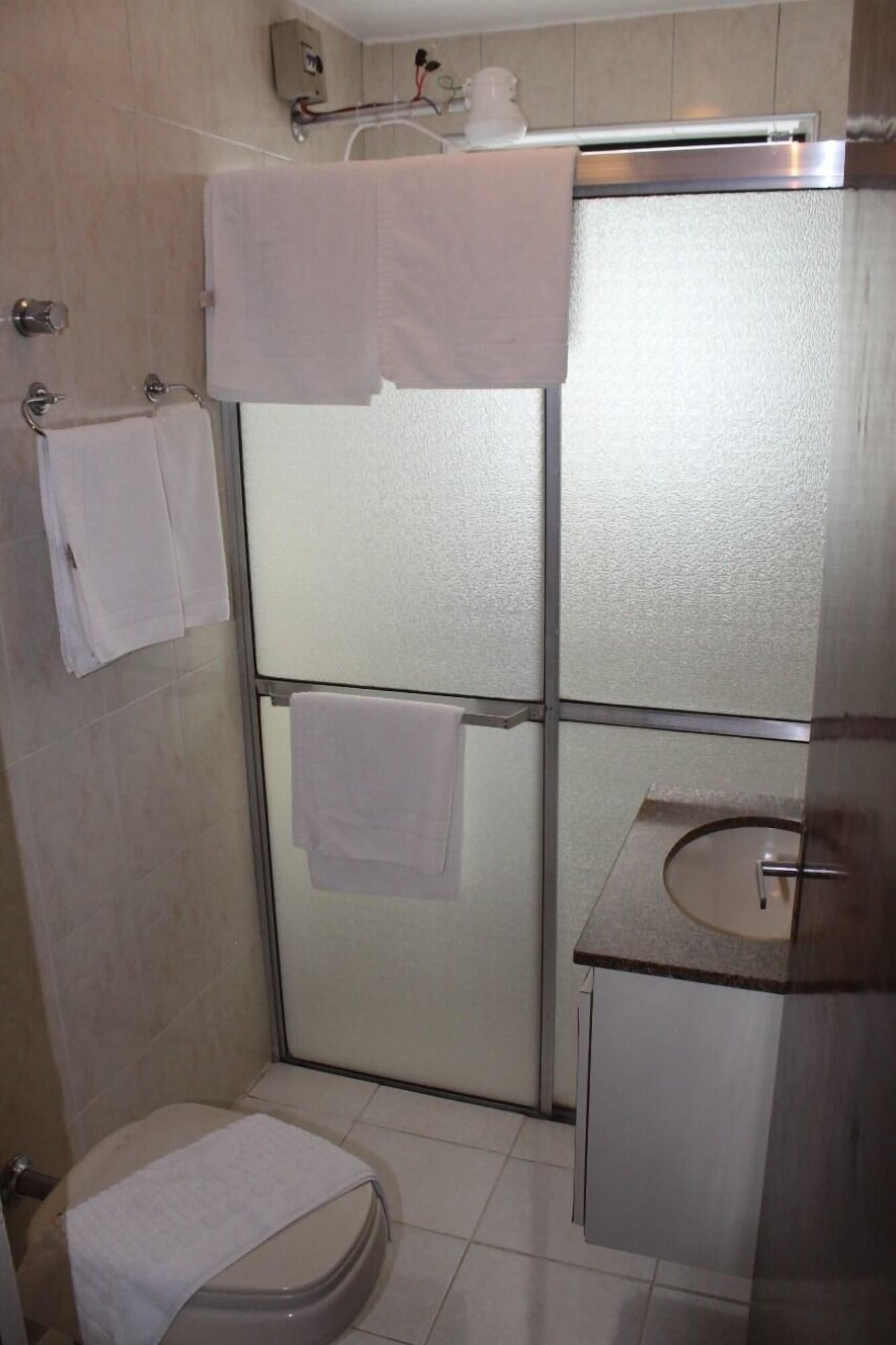 A small bathroom with a glass shower enclosure, a toilet, and a sink.