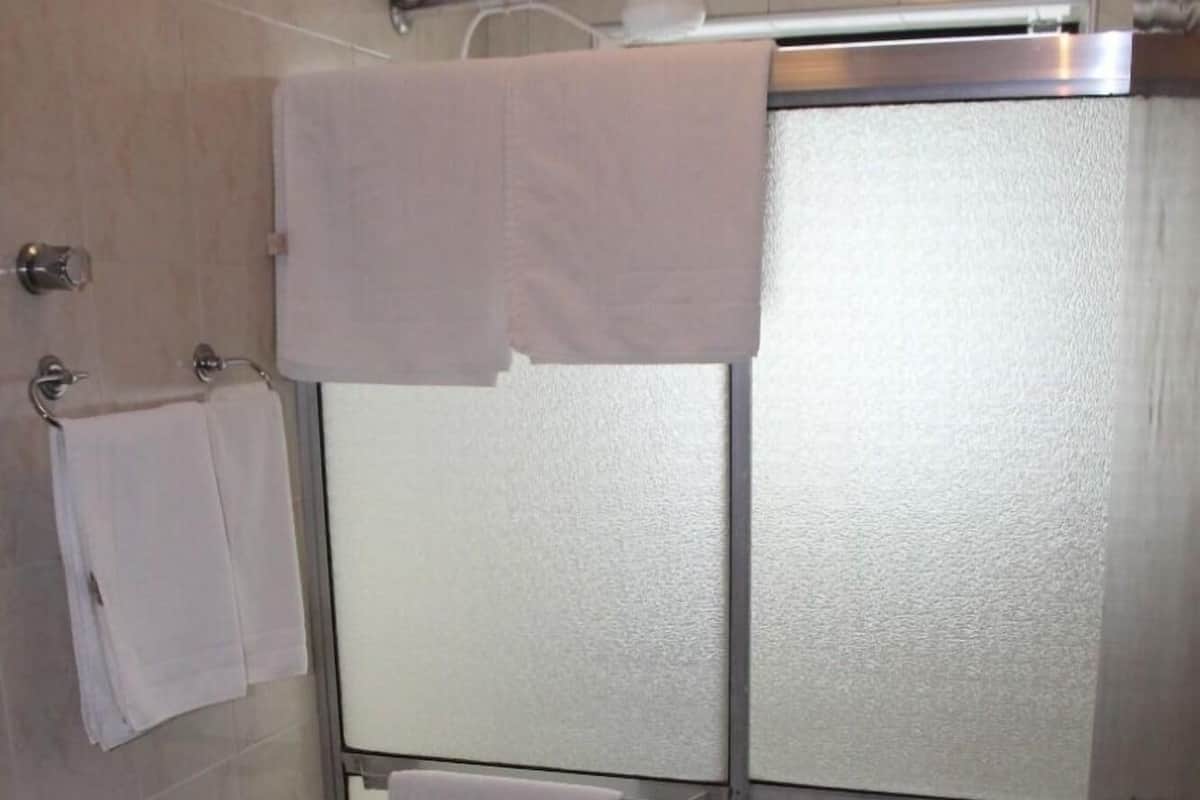 A small bathroom with a glass shower enclosure, a toilet, and a sink.