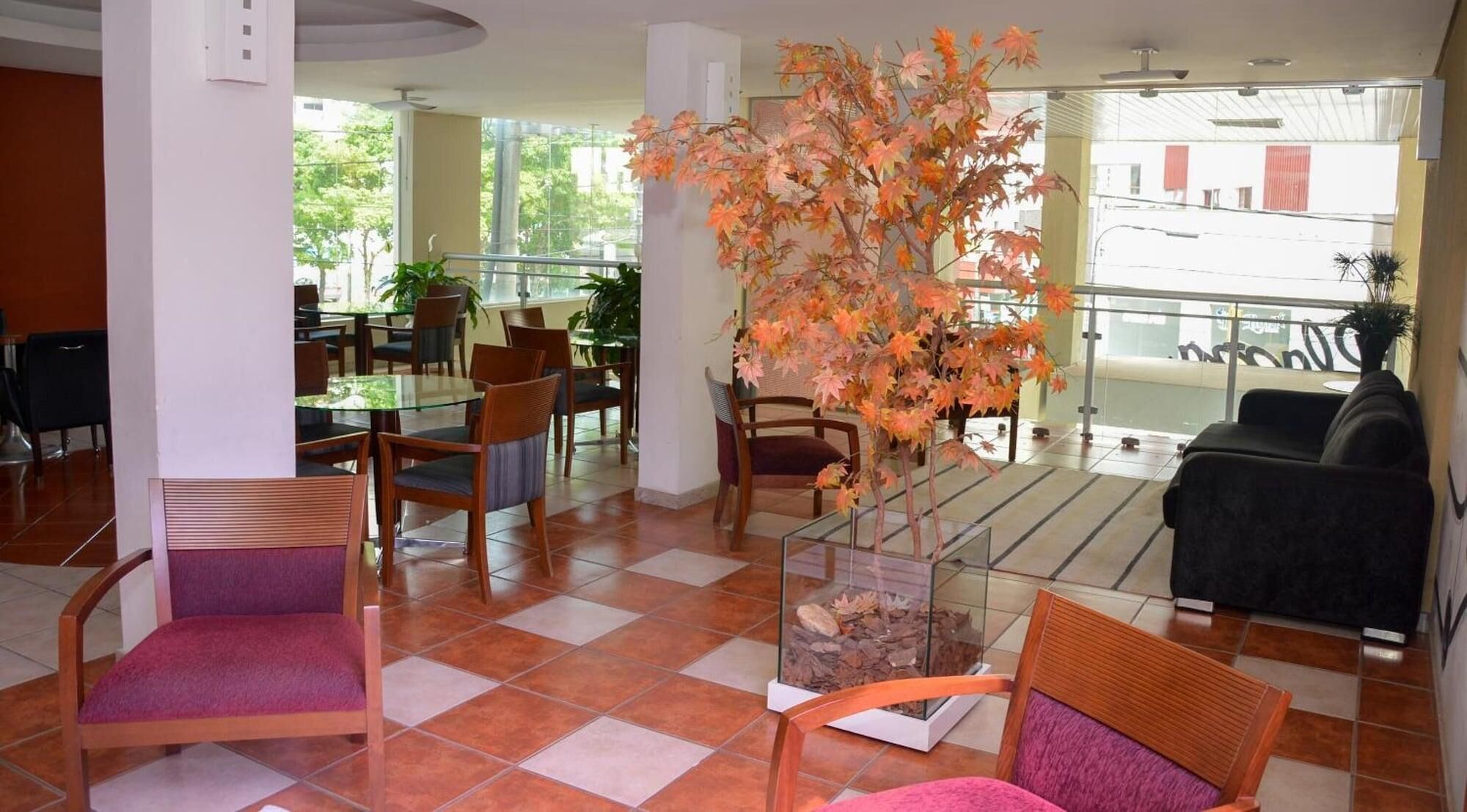 A spacious lobby with a glass coffee table, wooden chairs, a sofa, and a decorative plant.