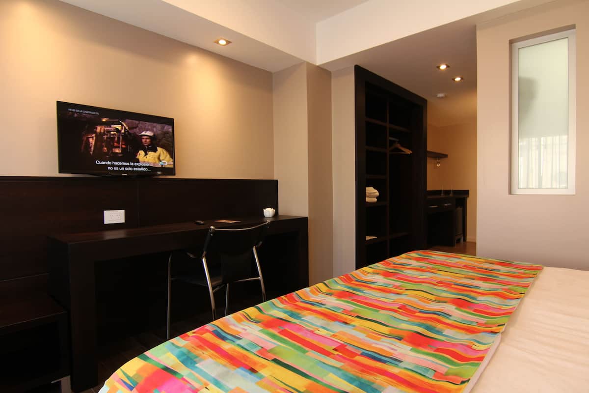 Habitación de hotel con cama, escritorio, silla, televisor y armario.