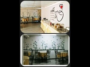 A cafe with tables and chairs, a wall with a floral pattern, and a sign with a heart symbol. - Alfa Apart Hotel (Bauru)
