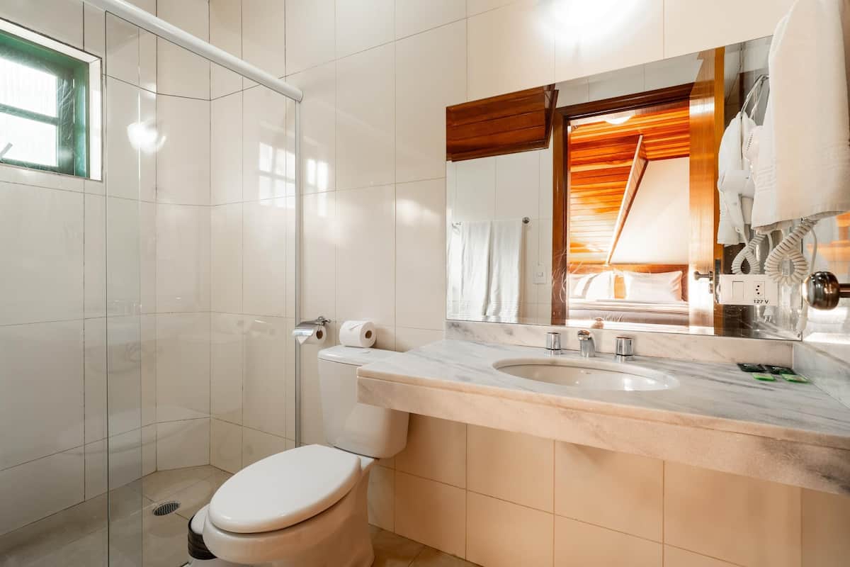 A bathroom with a toilet, sink, mirror, and shower.