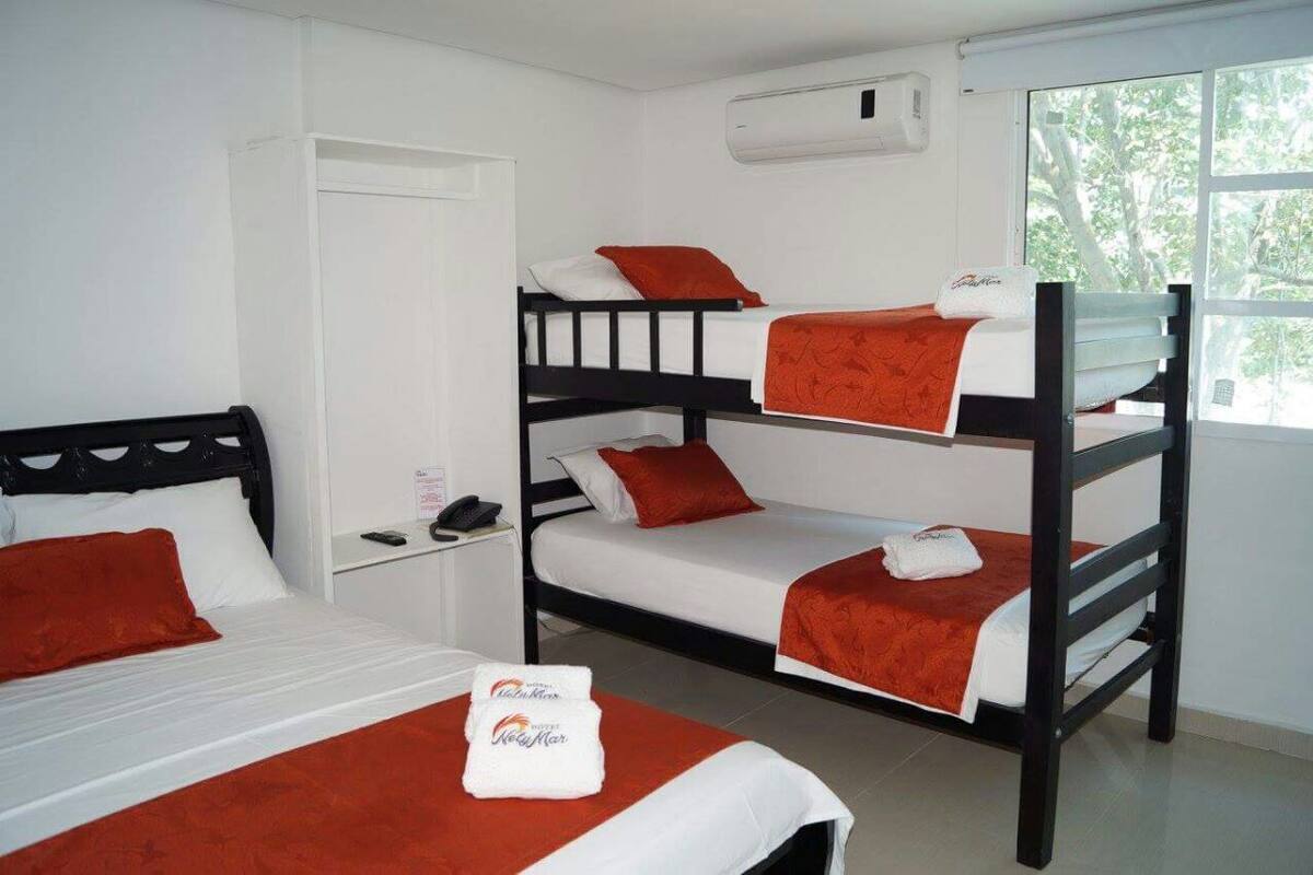 Une chambre avec des lits superposés, des murs blancs, une fenêtre donnant sur des arbres et une armoire blanche.