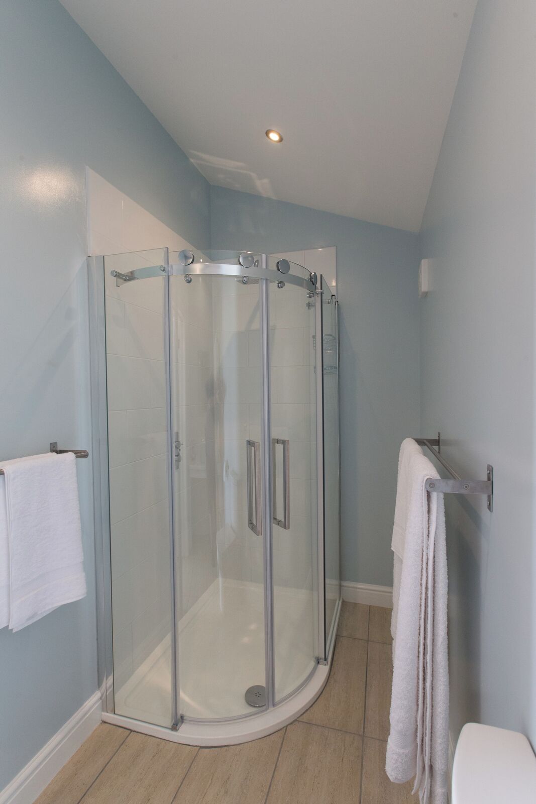 A modern bathroom with a glass-enclosed shower, a toilet, and a towel rack.