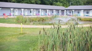 A row of white motel buildings with a grassy area and cattail plants in the foreground. - Silverstone Golf Club & Hotel (Buckingham)