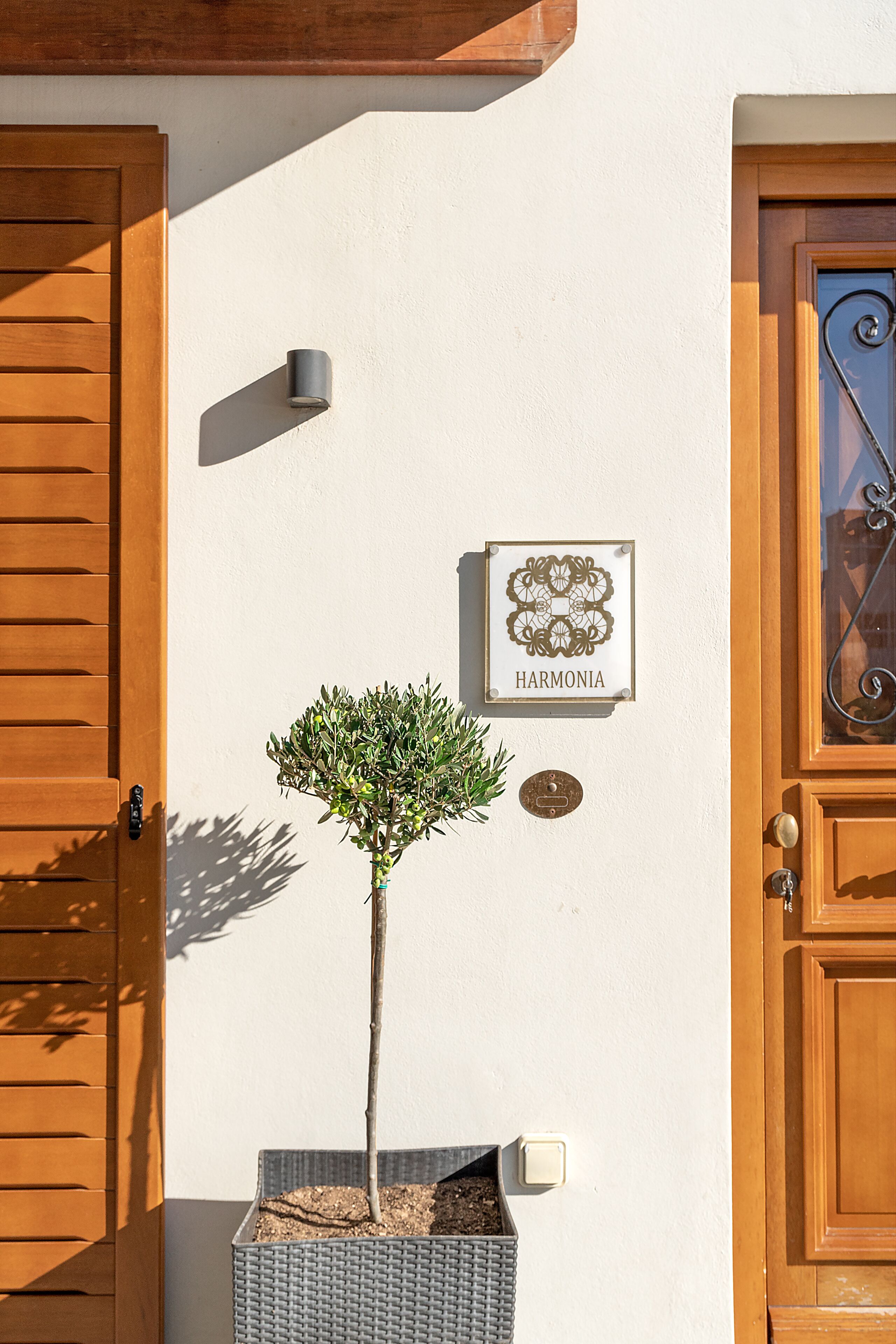 A wooden door with a metal handle, a small potted plant, a wall-mounted light, and a sign that reads "HARMONIA".