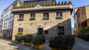 A brick building with multiple windows, potted plants, and a clock on the facade.
