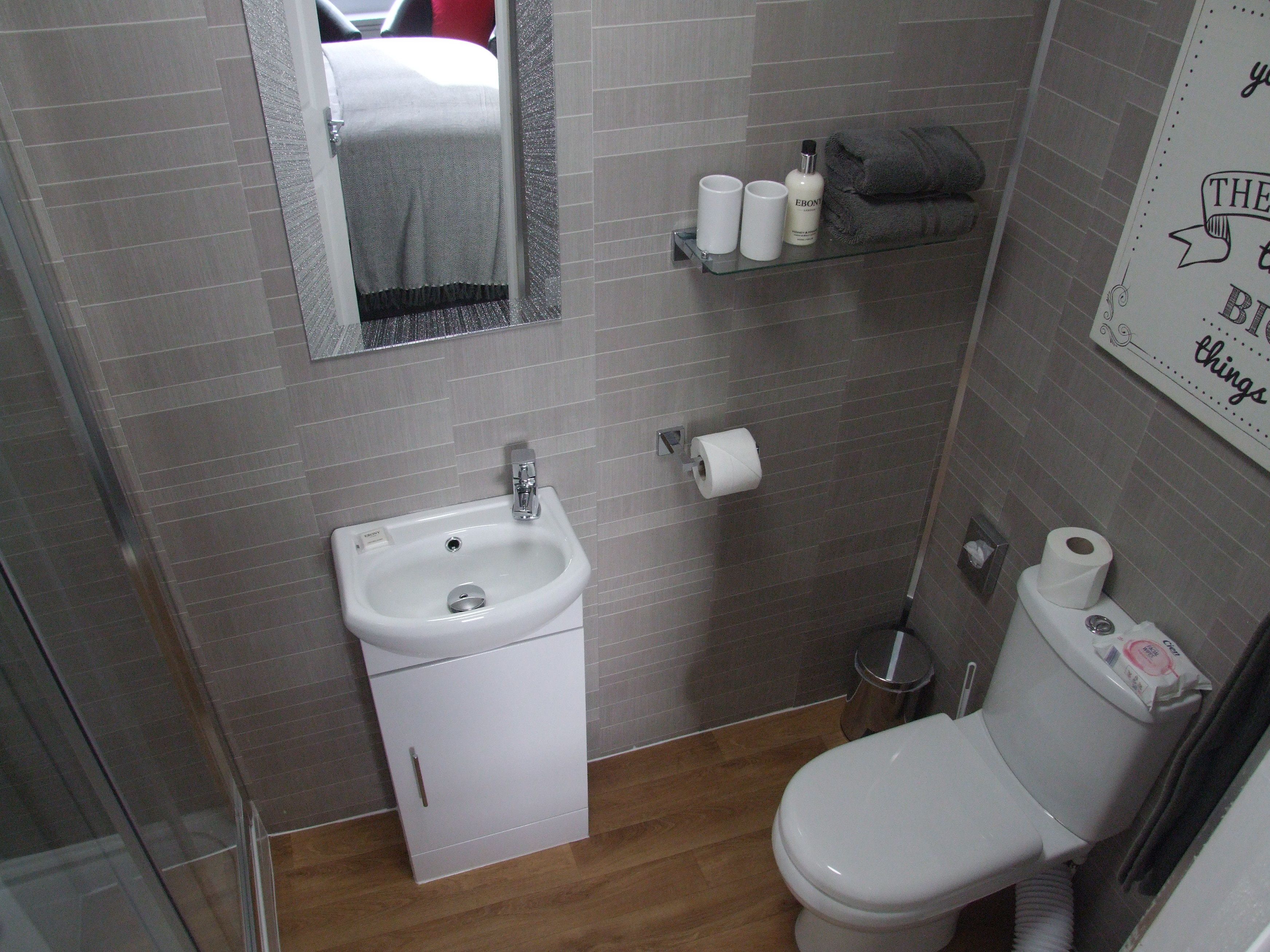 A bathroom with a sink, toilet, and a mirror. There is a shelf with toiletries and a poster on the wall.
