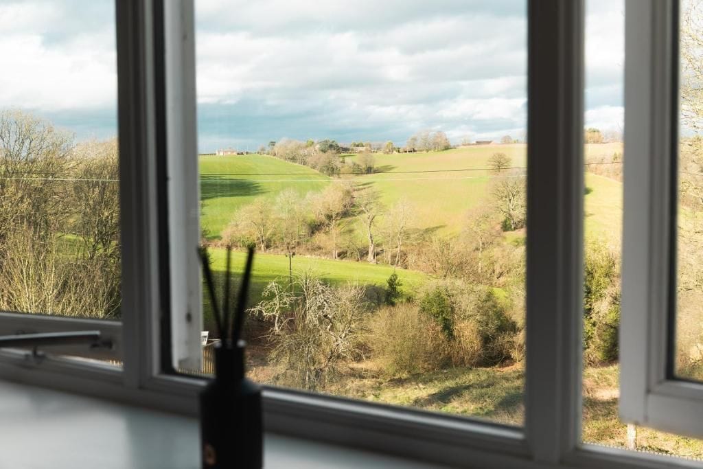 A view through a window with a landscape of green fields and trees.