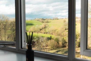Vista a través de una ventana con un paisaje de campos verdes y árboles.