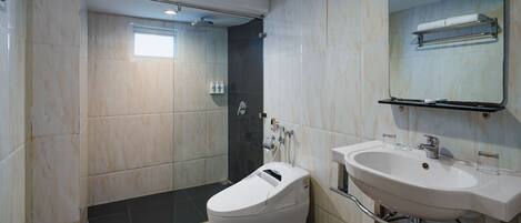 Un baño moderno con ducha, inodoro y lavabo.