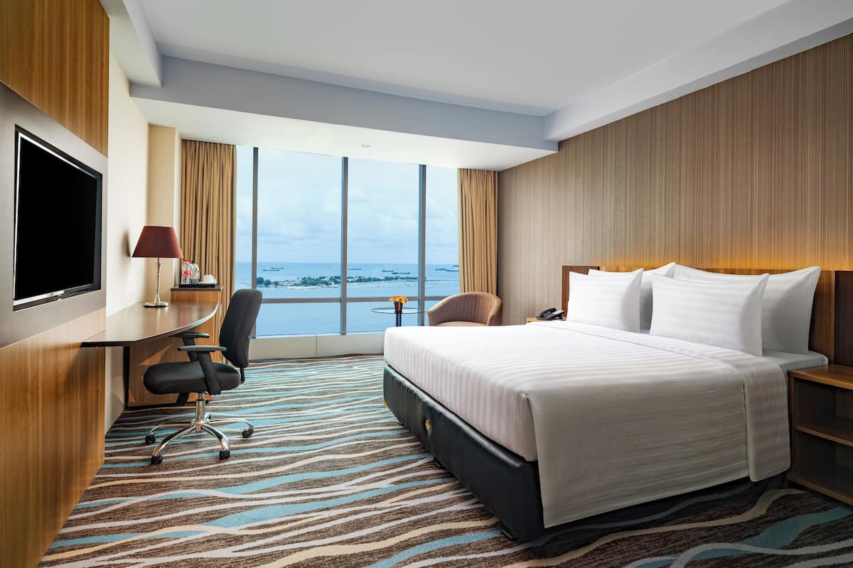 Habitación de hotel con una cama grande, un escritorio con televisor, una silla y vista al mar.