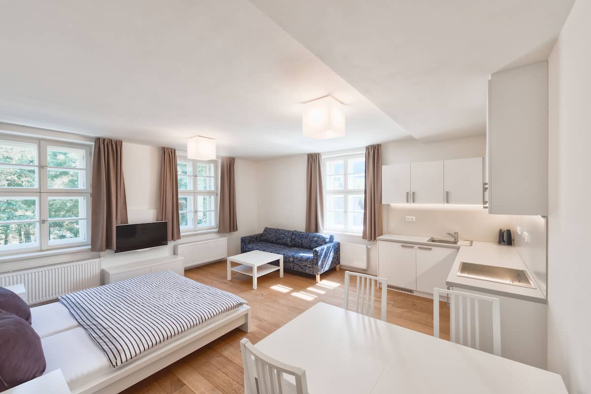 Une pièce moderne et bien éclairée, comprenant un lit, un canapé, une table à manger et un coin cuisine.