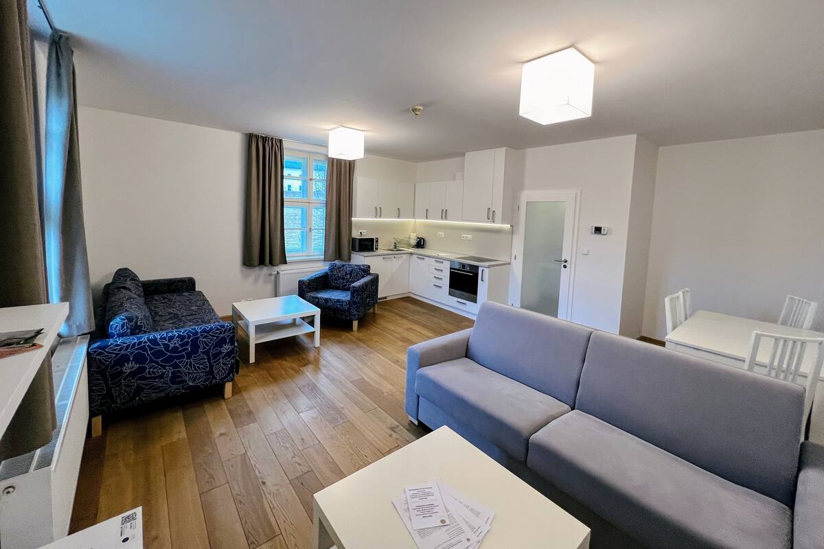 Un espace de vie compact comprenant un canapé, une petite table, un coin cuisine et une fenêtre avec des rideaux.