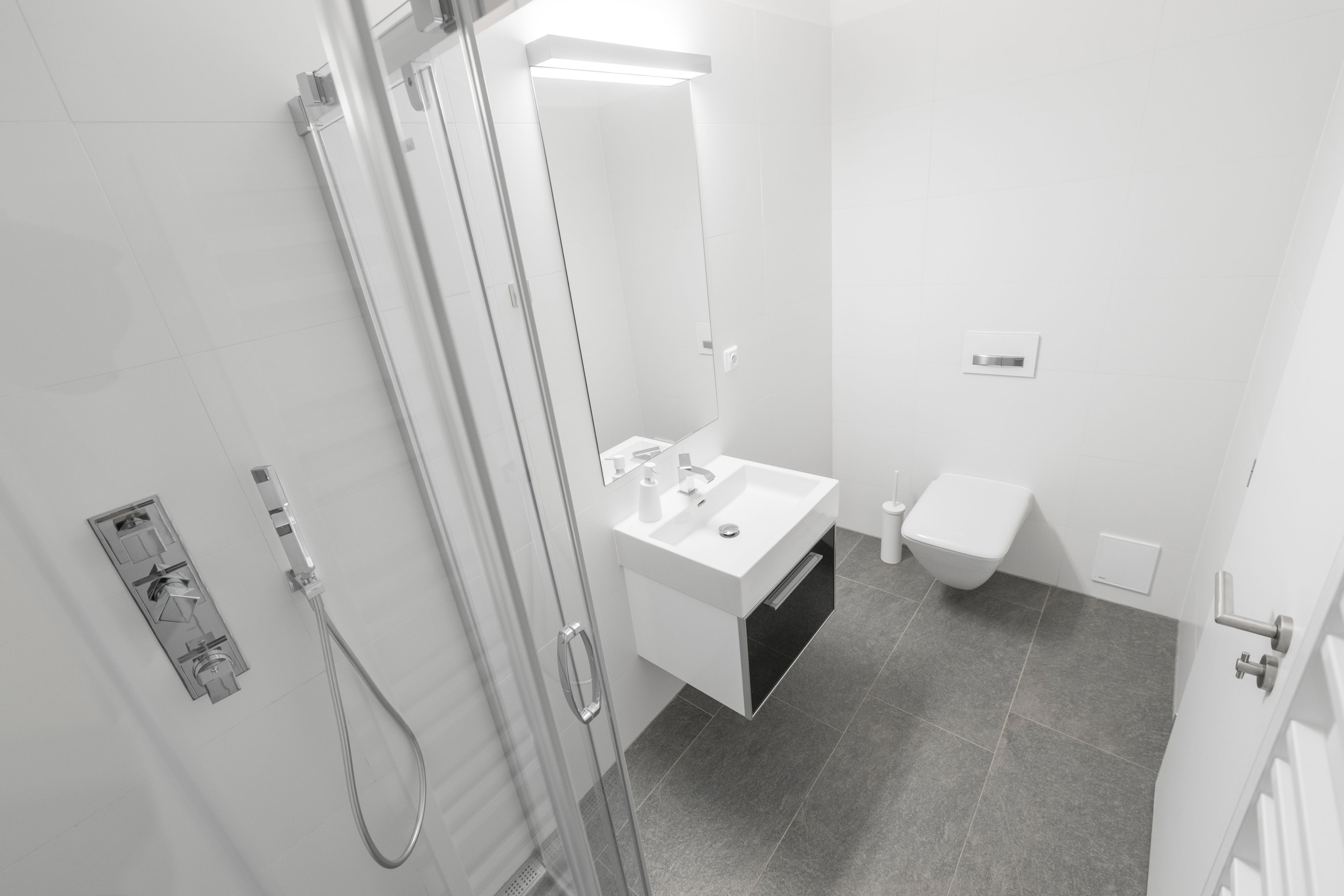 A modern bathroom with a glass shower enclosure, a white sink, and a toilet.