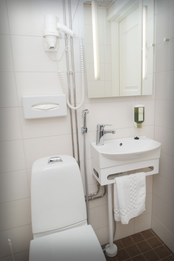 A bathroom with a toilet, sink, and mirror.