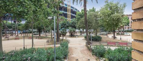Un sendero que conduce a un parque con bancos, palmeras y una obra en construcción al fondo.