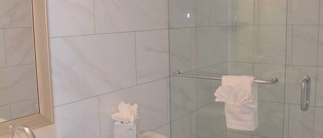 Un baño moderno con ducha de vidrio, lavamanos blanco y un inodoro.