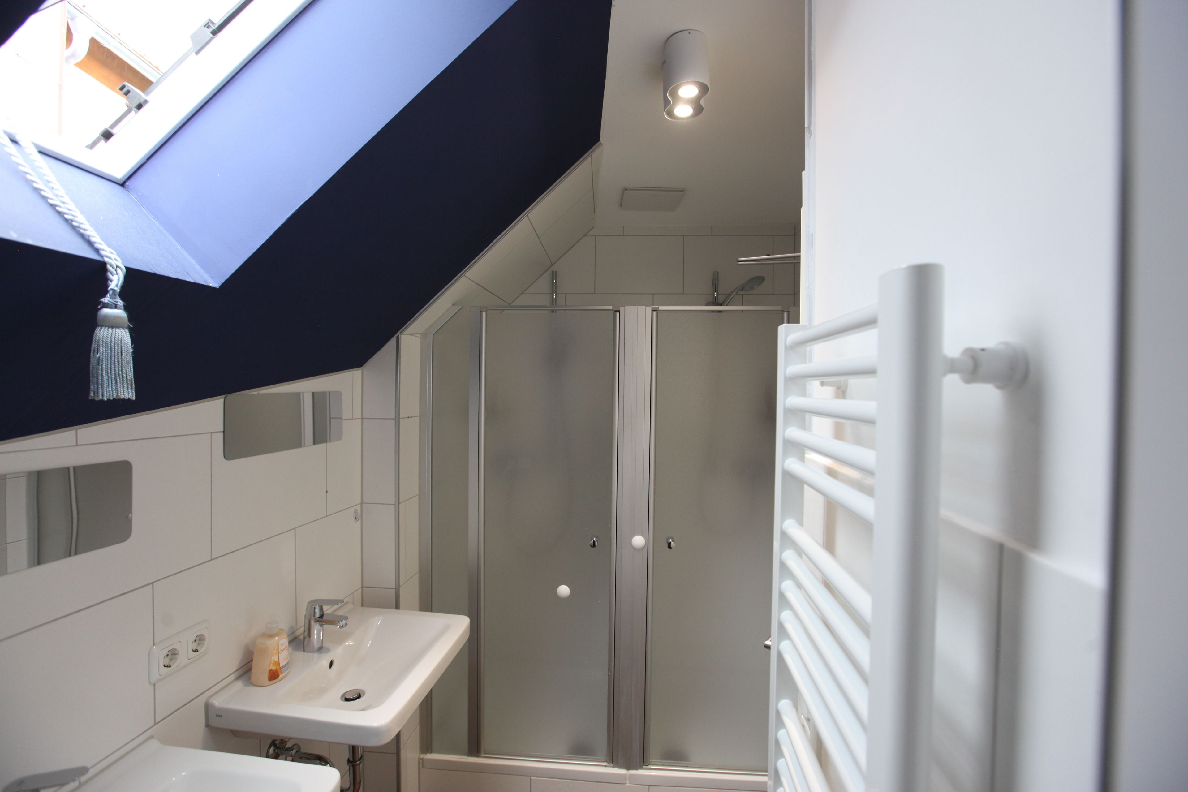 A modern bathroom with a skylight, a shower, and a sink.