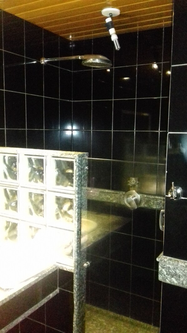 Un baño con paredes de azulejos negros, una ducha con cabezal de ducha manual y un área de lavamanos con mampara de vidrio.