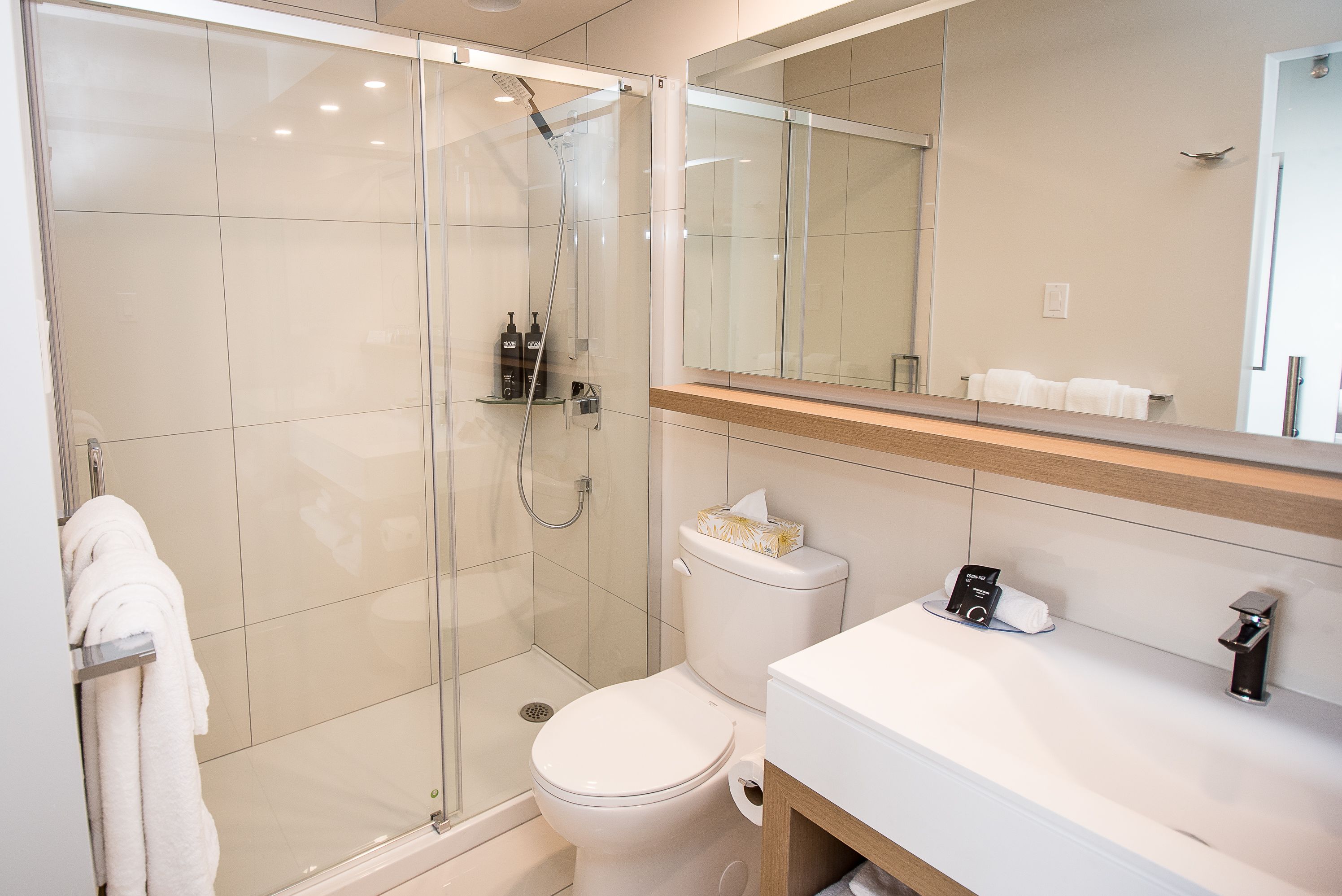 A modern bathroom with a glass-enclosed shower, a toilet, and a sink with a mirror above.