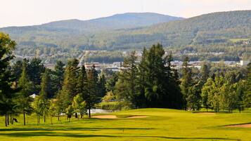 A golf course with a pond, trees, and a view of a town in the background.